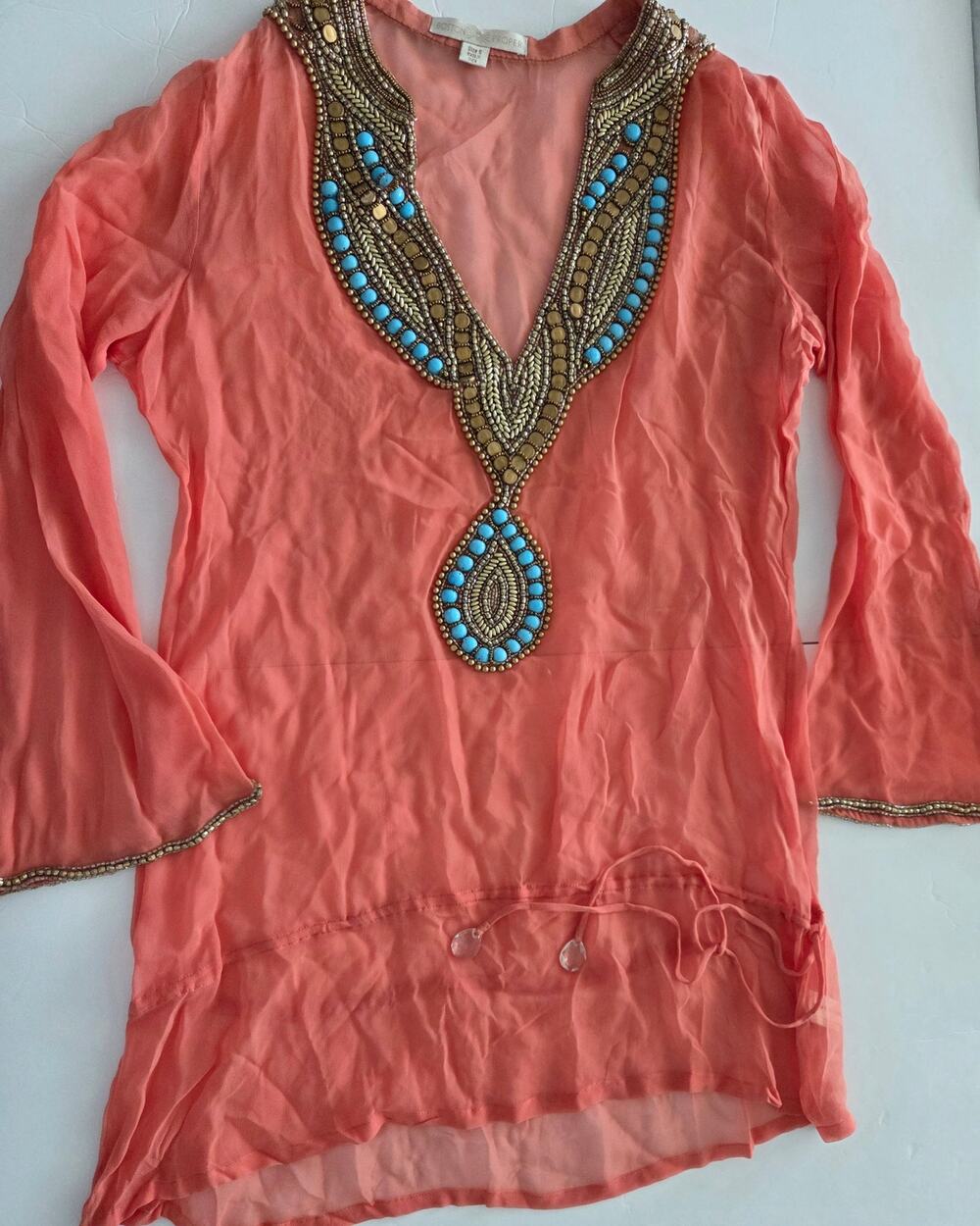Boston Proper Coral Beaded Boho Resort Tunic Top Size 6